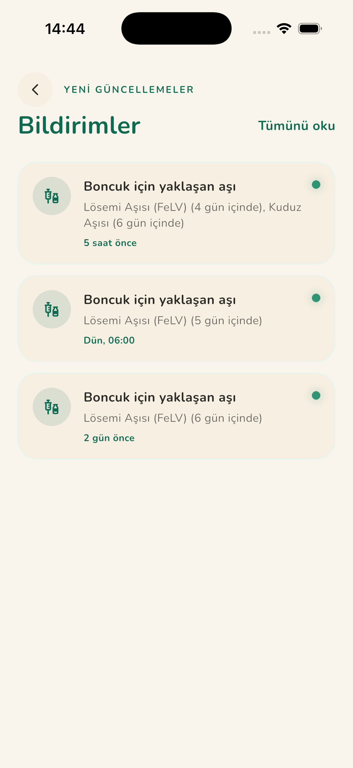 Clinico aşı hatırlatma bildirimleri ekranı