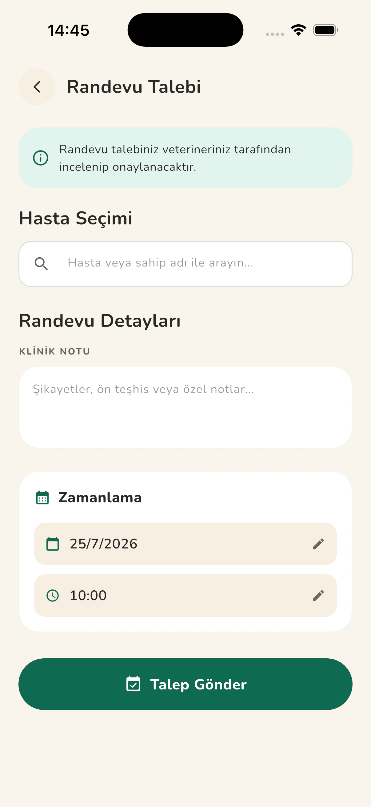 Clinico veteriner randevusu oluşturma ekranı